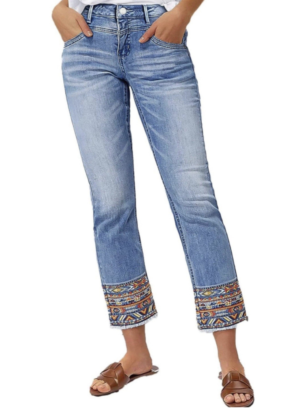 Flamingals Straight Leg Cropped Jeans Mid Rise Stretchy Tribal Embroidery Jeans